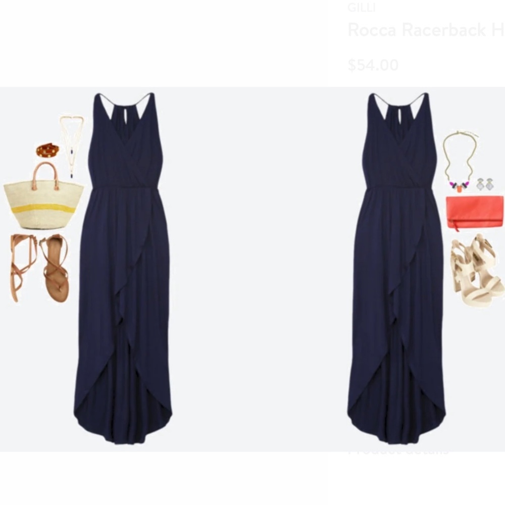 Gilli Rocca Hi Lo Maxi Dress L Navy Racerback V Neck EUC